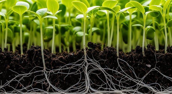 Young green sprouts with visible roots seedlings soil