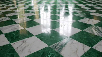 Elegant green and white checkered marble floor. The polished surface reflects light, enhancing its luxurious appearance