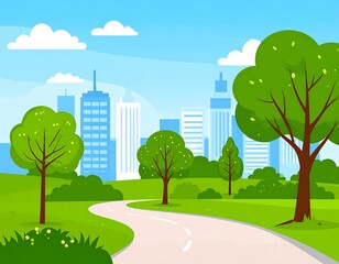 A vibrant illustration of a park, trees, cityscape, and a winding road