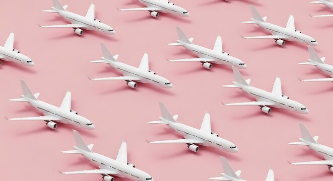 Creative composition made with passenger plane on pastel pink background. Summer travel or vacation pattern.