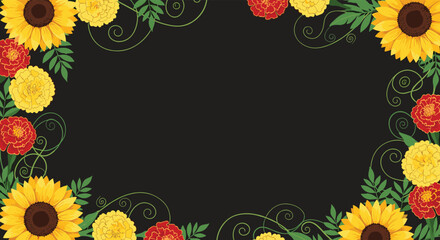 Floral Frame with Sunflowers and Colorful Flowers on Black Background.