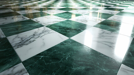 A close-up shot of a glossy, checkered marble floor with green and white tiles 