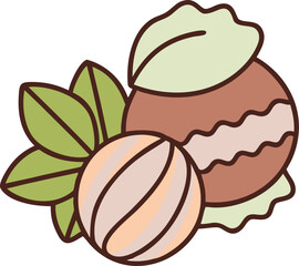 Illustration of two stylized nuts, one brown and one peach, with green leaves. Simple design on a white background, conveying a natural, organic theme.