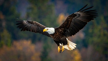 Fototapeta premium A majestic bald eagle, white head and brown body, soars in flight