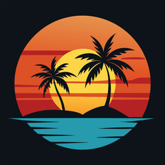 Stylized sunset with two black palm trees silhouetted against an orange and red sky, set over a calm, blue ocean, creating a tranquil scene.