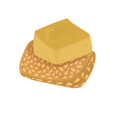 Yellow bar of soap on a natural textured bath scrubber. Skincare, hygiene, and spa concept flat vector illustration.