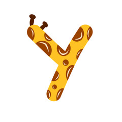 Cute cartoon letter Y with giraffe pattern and ossicones. Playful animal alphabet illustration.