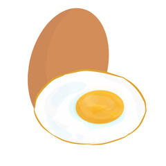 Brown whole egg and sunny-side up fried egg isolated on white. Hand-drawn style illustration for breakfast food.