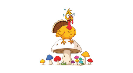 Fototapeta premium A frightened turkey standing on top of a mushroom in a whimsical scene.