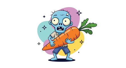 Funny Cartoon Zombie Holding a Giant Carrot.