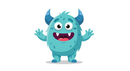 Fototapeta premium Cute friendly blue monster character with horns waving.
