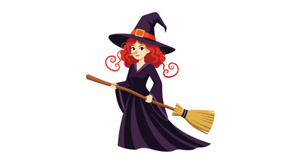 Young cartoon witch with red curly hair holding a broomstick.