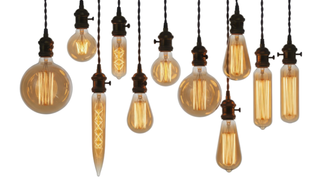 Variety of antique style light bulbs Edison lamp isolated PNG with Transparent Background