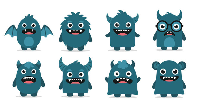 Set of Cute Blue Cartoon Monsters with Different Expressions and Features.