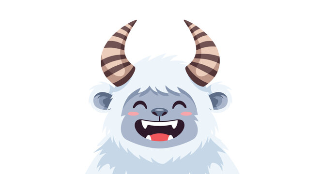 Cute cartoon yeti with big horns and happy expression.