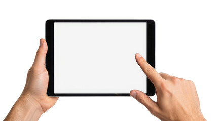 Hands holding a tablet device with blank screen for mock up isolated PNG with Transparent Background