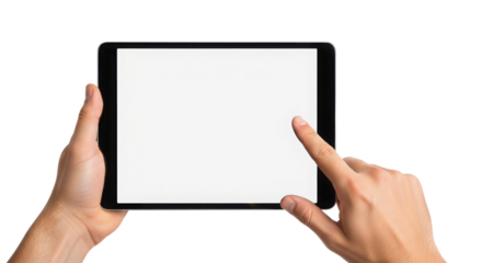 Hands holding a tablet device with blank screen for mock up isolated PNG with Transparent Background