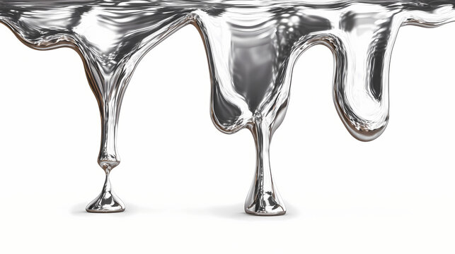 Close-up of metallic liquid mercury flowing and dripping