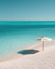 Coastal scene sandy beach, turquoise water, striped umbrella