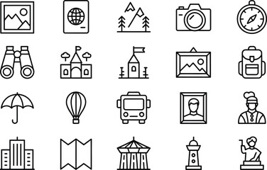A collection of travel-related icons including a passport, camera, and backpack.