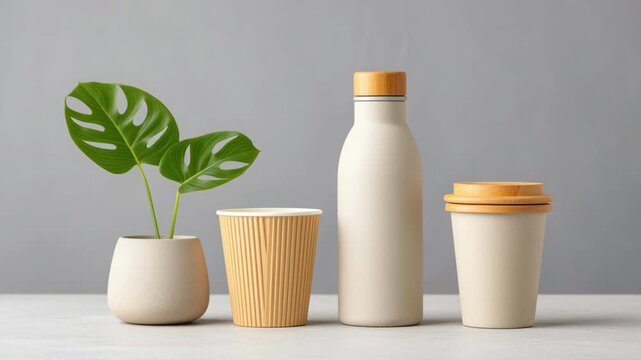 Eco bottle reusable cup plant mug bamboo lid travel tumbler sustainable neutral tones potted plant eco friendly minimalist kitchen items reusable
