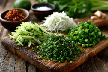 Cutting board with neatly arranged julienne, brunoise, and chiffonade vegetable cuts