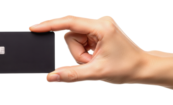 Hand holding a black credit card mockup for business or banking concepts isolated PNG with Transparent Background
