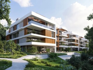 Obraz premium Modern apartment building nestled in a lush green landscape