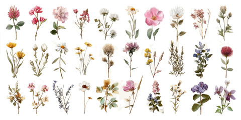 Vintage botanical illustrations collection of delicate flowers and leaves for design