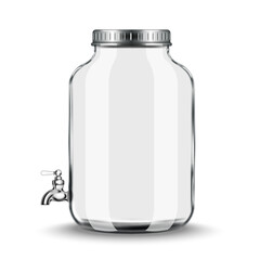 Realistic empty large glass dispenser beverage jar with chrome drink tap with metal lid 3d vector mockup side view, lemonade container or iced tea.