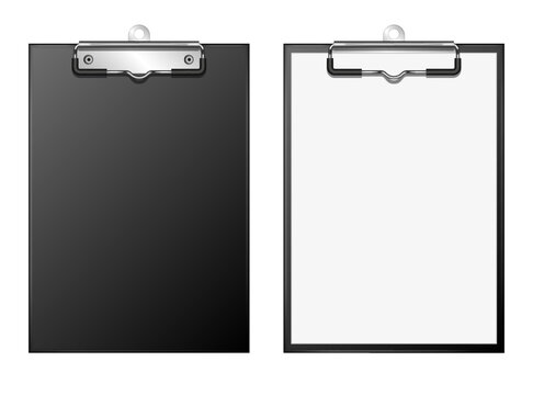Realistic clipboard with metal clip set blank and with sheet isolated on white background, vector 3d mockup for design and branding