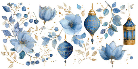 Delicate watercolor blue flowers and ornate lanterns with romantic floral accents © DARK TRUST