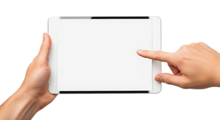 Person holding a tablet with a blank screen isolated PNG with Transparent Background