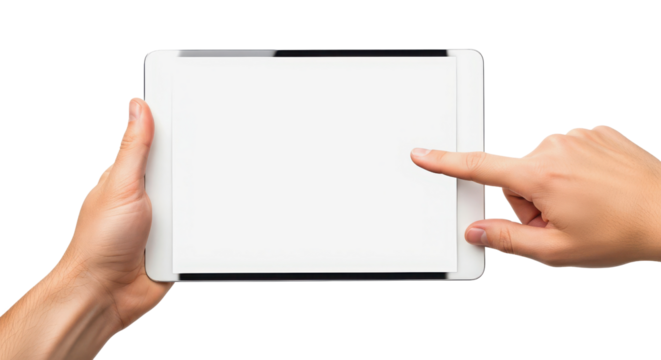 Person holding a tablet with a blank screen isolated PNG with Transparent Background