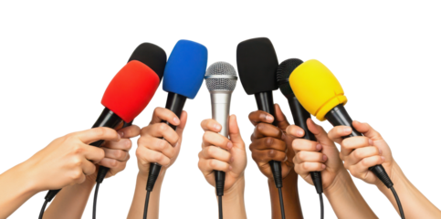 Diverse Hands Holding Colorful Microphones for Press Conference