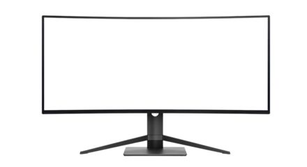 Ultra-wide curved gaming monitor with blank screen for design mockups isolated PNG with Transparent Background