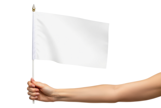 Hand holding small blank white flag isolated PNG with Transparent Background