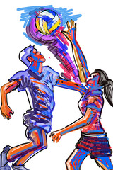 Volleyball​ illustration of  player​ action​ brus​ strokes​