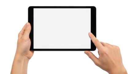 Hands touching blank screen of tablet computer isolated PNG with Transparent Background