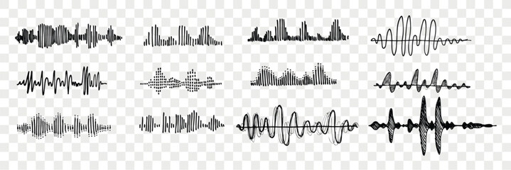 “Sound Waveform Icon Set – 12 Black Line Audio Symbols for Music, Podcast & Sound Design”