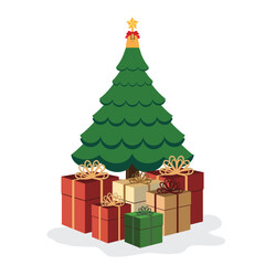 Beautiful decorated Christmas tree with colorful ornaments and a stack of wrapped gift boxes.