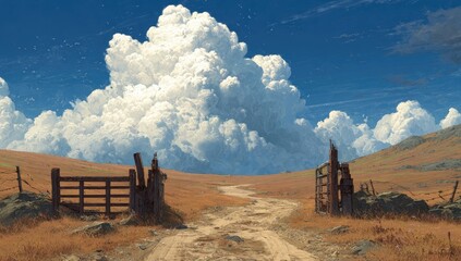Rural path to massive clouds over field with open gate