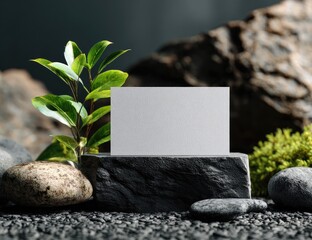 Blank card on rock. Natural backdrop, plant detail, gray