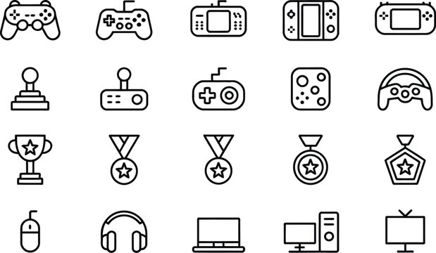 A collection of video game controllers and gaming accessories are displayed as icons.
