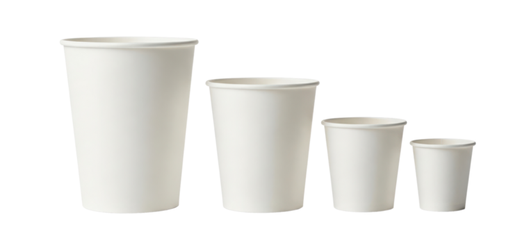 Four disposable paper cups in varying sizes isolated PNG with Transparent Background