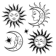 Black and white celestial sun and moon faces with rays