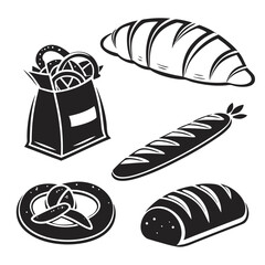 Black and white graphic illustrations of baked goods