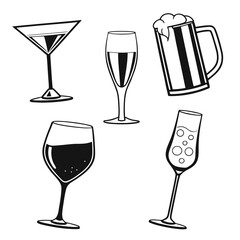 Black and white illustration of five different drink glasses