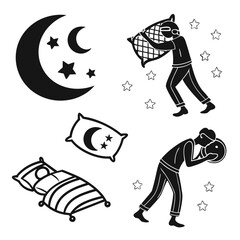 Black and white illustrations of night sky elements and people with pillows