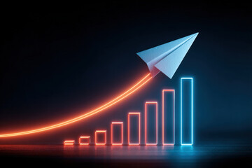 Glass paper airplane flying upward from glowing neon bar chart in night office scene